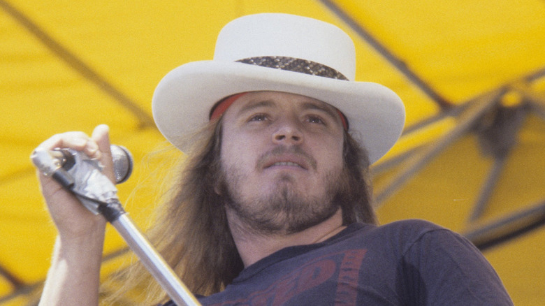 ronnie van zant playing live with lynyrd skynyrd outdoors in the 70s