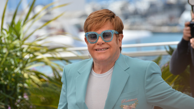 Elton John in a fabulous suit at a photocall for rocketman