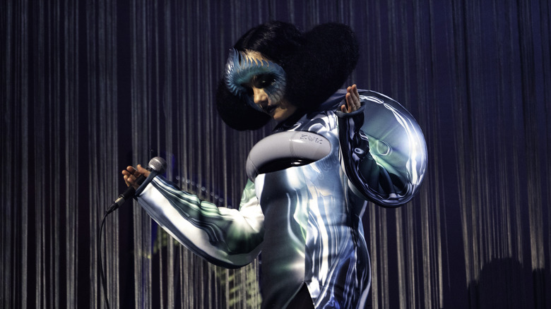 Björk performing in an outlandish costume