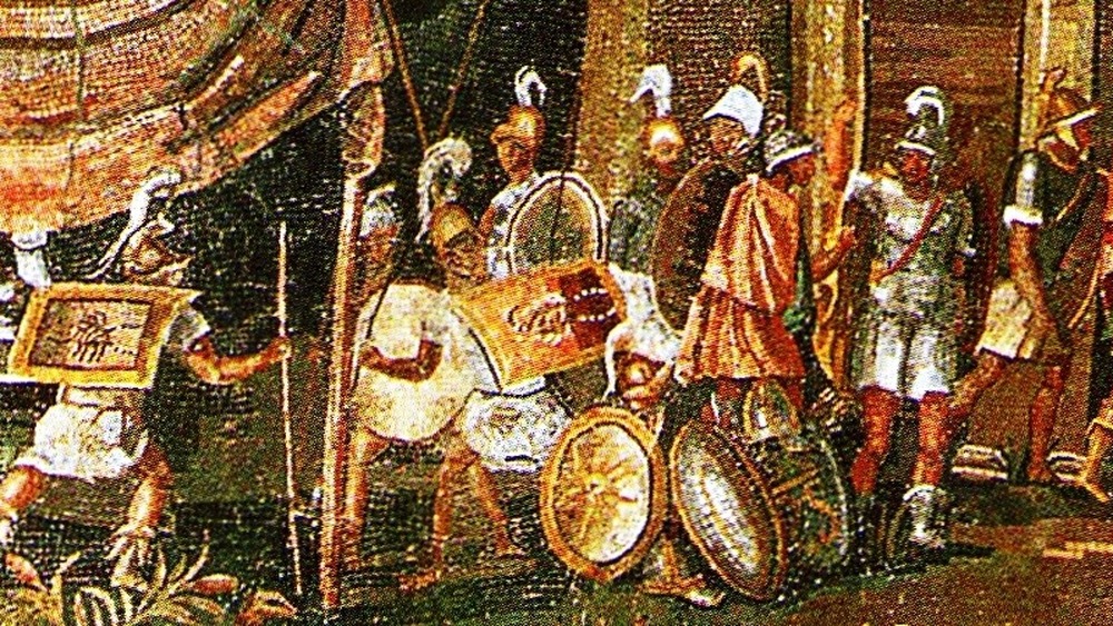 Greek Soldiers wearing helmets and holding shields