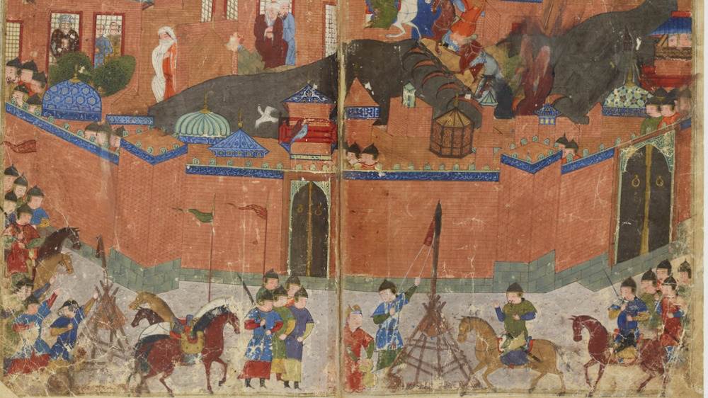 illustration of mongols siege with fighters surrounding building
