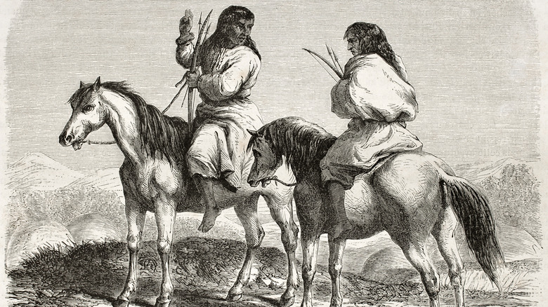 Two Comanche confer in an etching