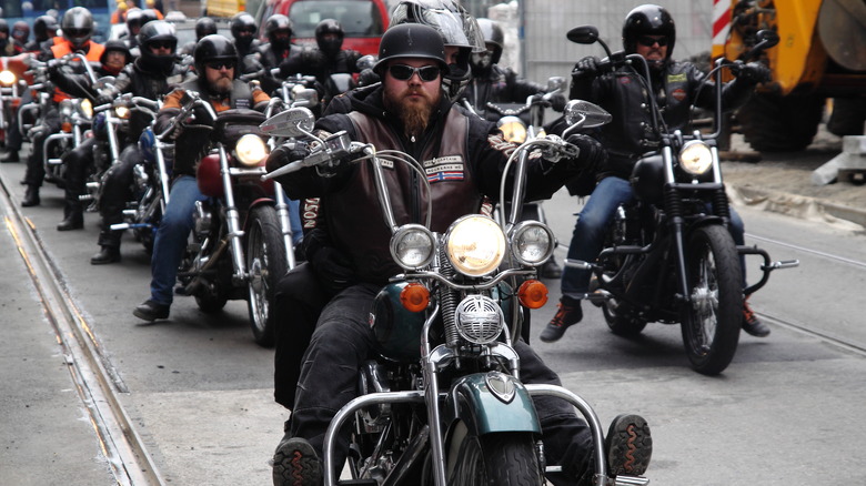 Motorcyclists riding in formation