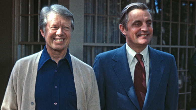 Jimmy Carter and Walter Mondale smile together in the 1970s