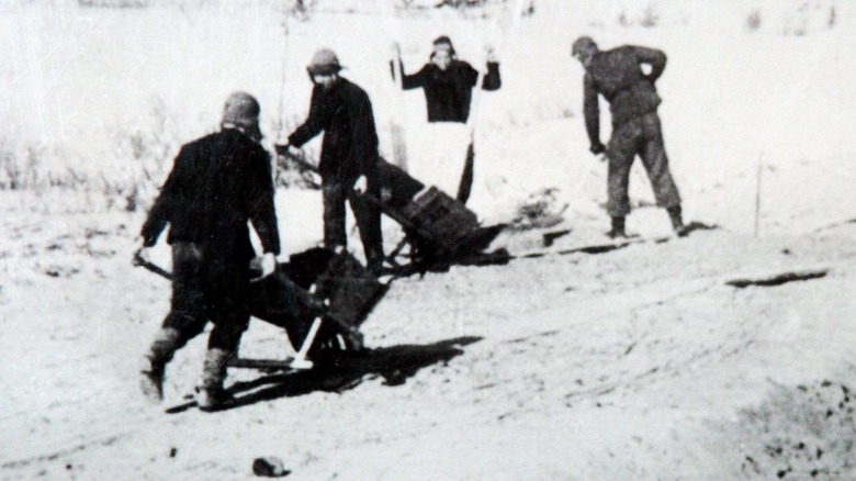 Soviet prisoners use wheelbarrows to dig a railway 