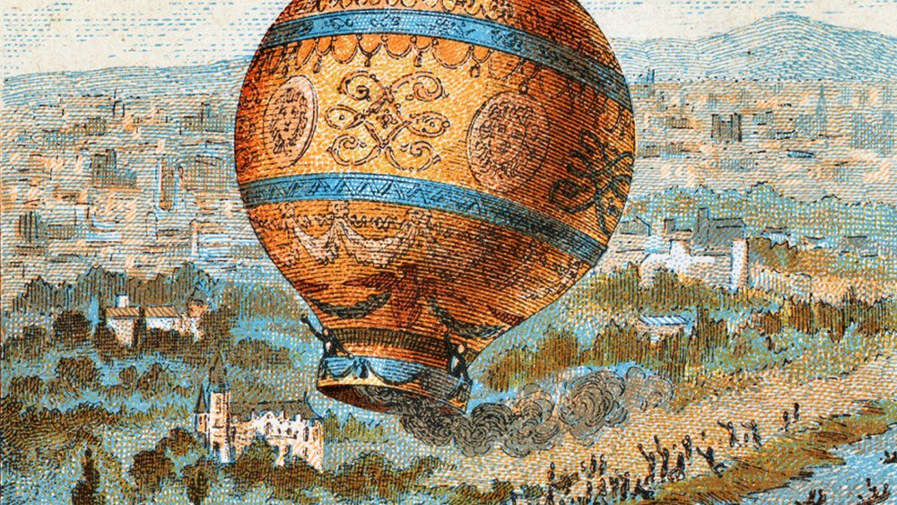 A painting of Pilâtre de Rozier's first voyage in a hot air balloon.