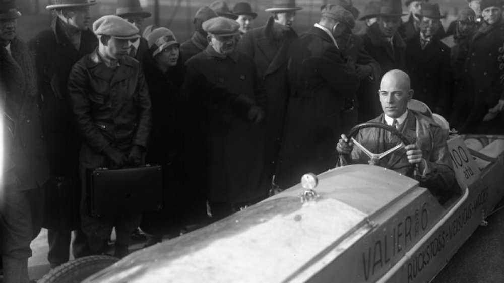 Max Valier in a rocket car that he designed.