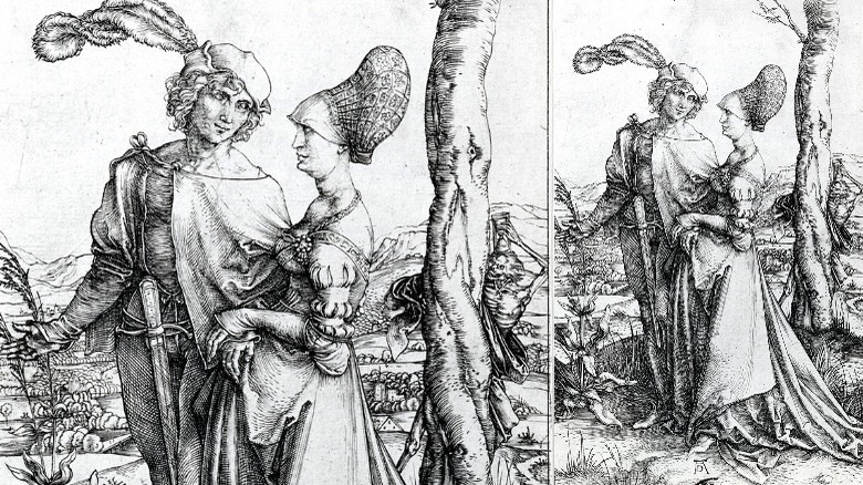 Durer's Young Couple Threatened by Death (The Promenade) engraving and detail