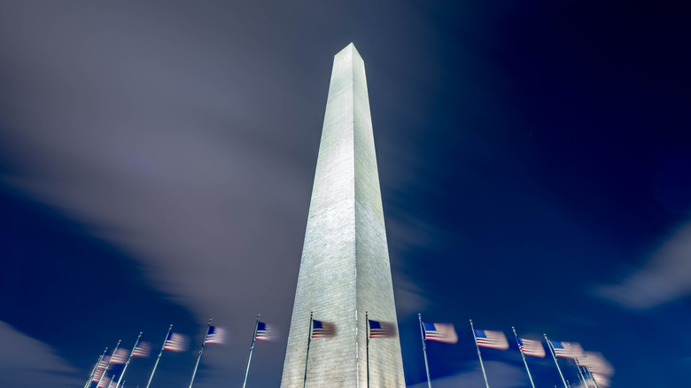 A view of the Washington Monument at night on the National Mall in Washington, D.C. on February 25, 2022 in Washington City