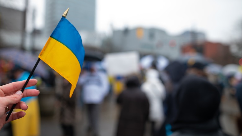 Ukrainian flag waved by supporter