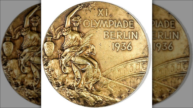 Front view of an Olympic Gold Medal from the 1936 Olympics in Berlin, Germany