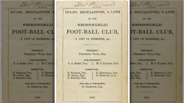  Front page of Rules, Regulations, & Laws of the Sheffield Foot-Ball Club, a list of members, &c. Sheffield: Pawson and Brailsford, 1859, first edition, 16mo (122 x 77 mm), the only known surviving copy of the first printing of the first club's laws of football.