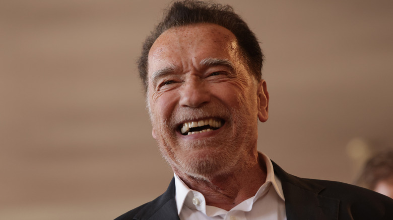 Arnold Schwarzenegger smiling stubble suit