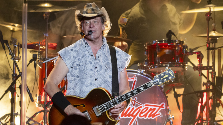 Ted Nugent wearing a cowboy hat and playing guitar on stage