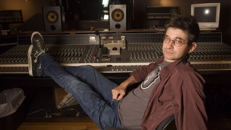 Steve Albini glasses neutral feet on mixing deck