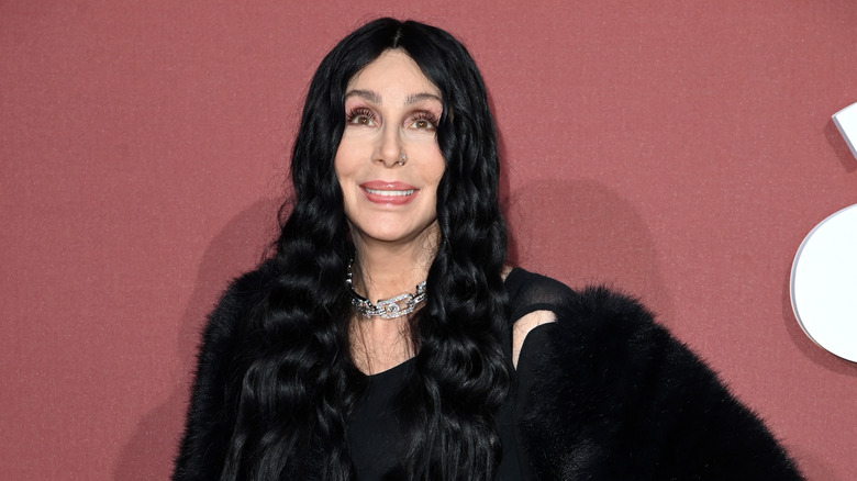 Smiling Cher wearing all black and posing in front of a red background