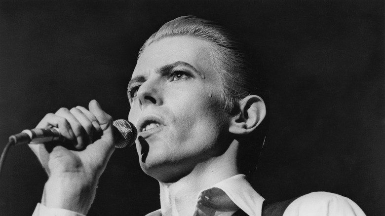 David Bowie holding a microphone