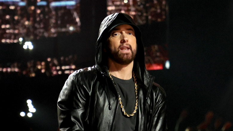 Eminem black leather hoodie in concert