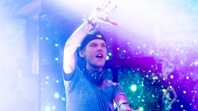 Avicii on stage baseball cap hand raised