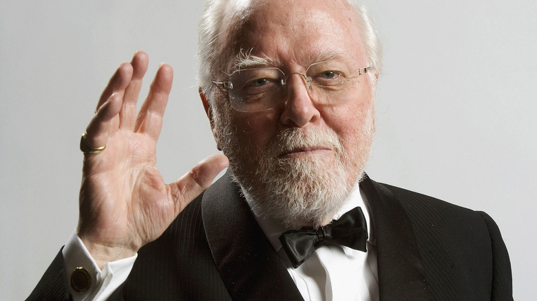 Richard Attenborough in a tux waving