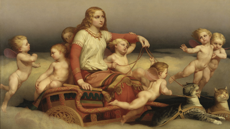 Painting of Freyja with babies, chariot pulled by cats 