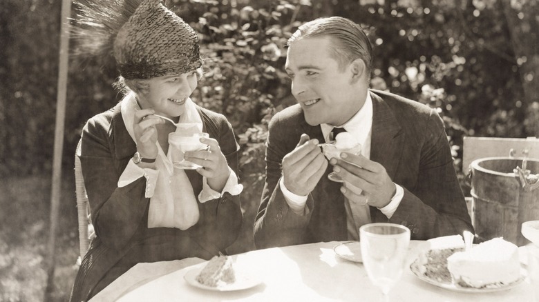 vintage couple eating cake and ice cream