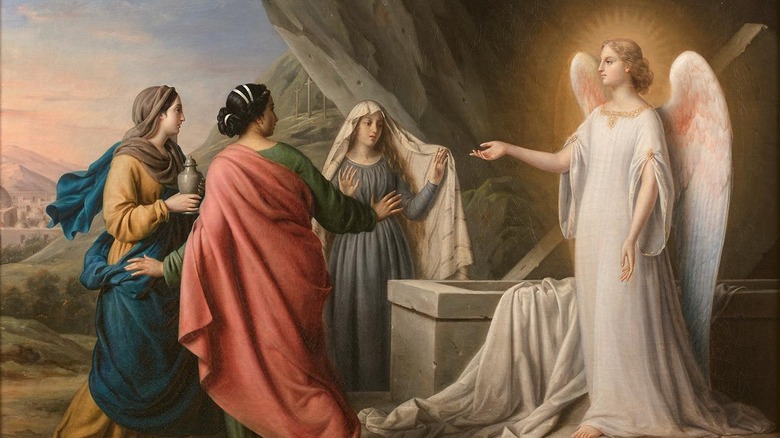 Angel greeting women at the tomb of Jesus