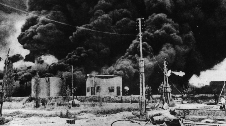 Smoke from oil wells at Maikop set on fire by Soviet forces