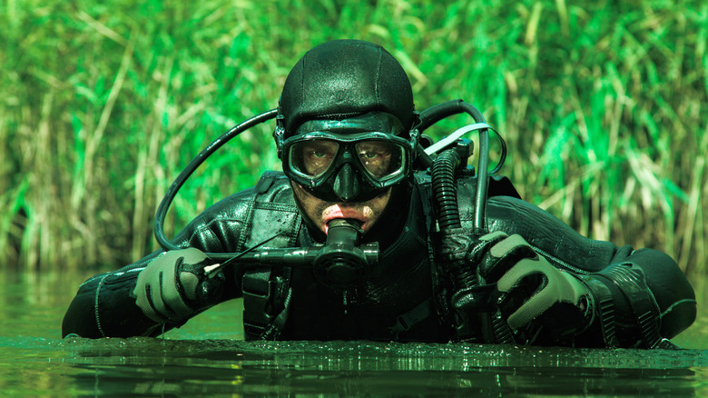 SEAL frogman emerging from water