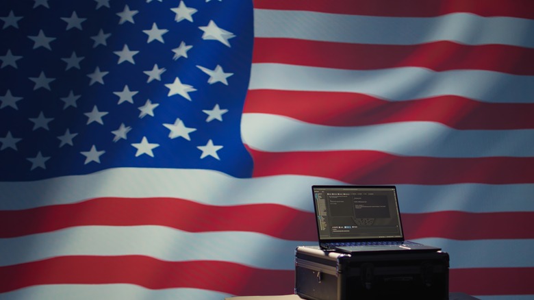 Laptop against American flag