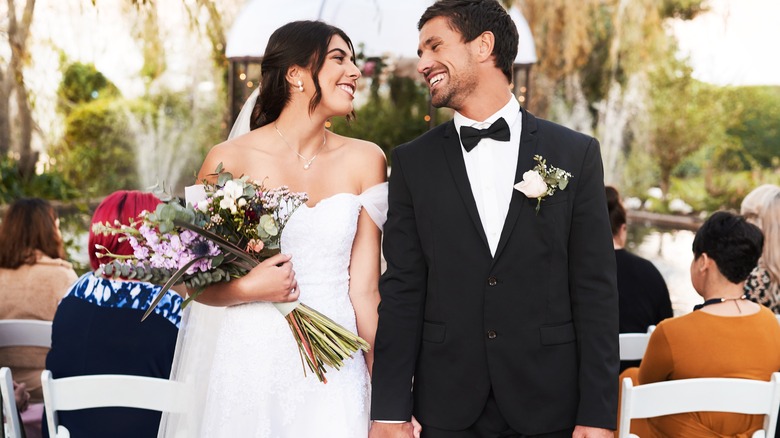 Wedding bride and groom smiling