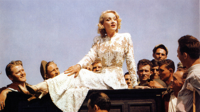 MArlene dietrich entertains soldiers on the European Front.