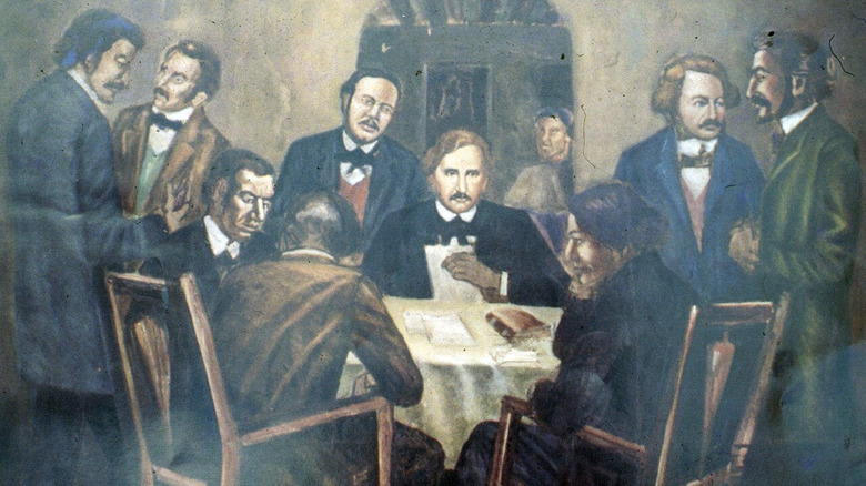 Painting men suits gathered around table