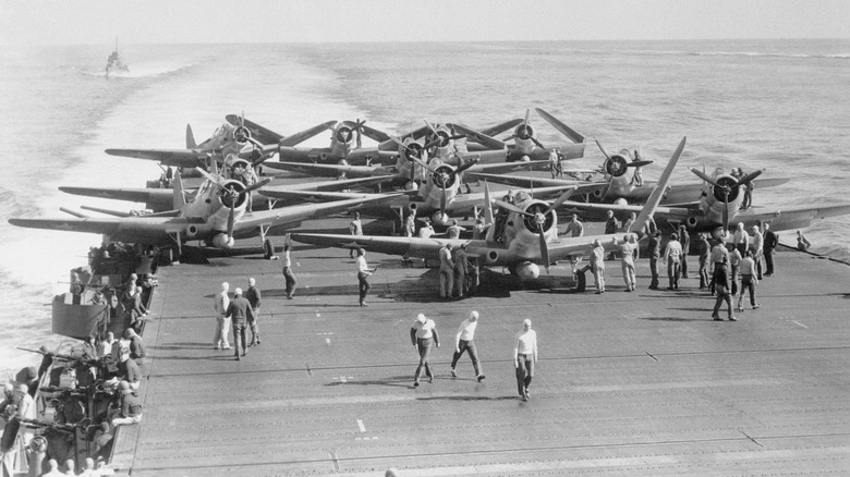 Douglas "Devastator" torpedo bombers prepare for takeoff aboard USS Enterprise during the battle of Midway