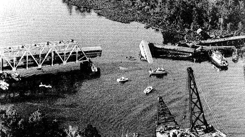 Big Bayou Canot rail bridge collapse aerial view