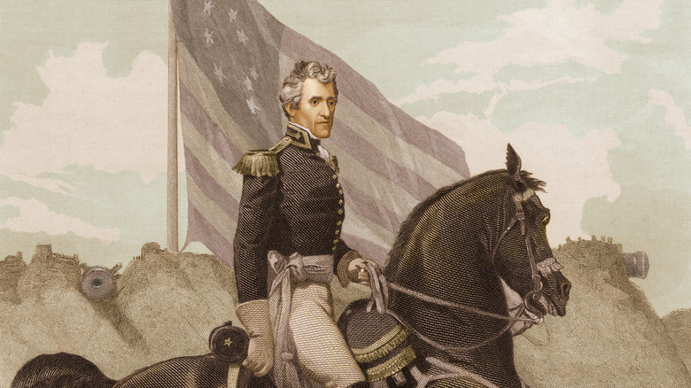 Andrew Jackson riding horse military uniform U.S. flag