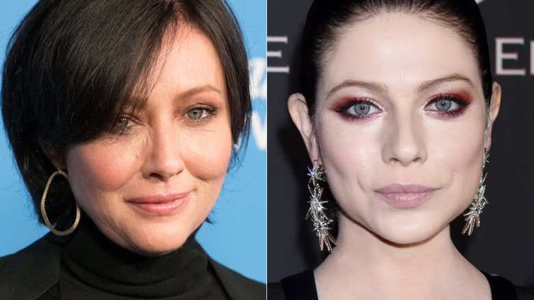 Side By side of Shannen Doherty with short hair and Michelle Trachtenberg with long earrings