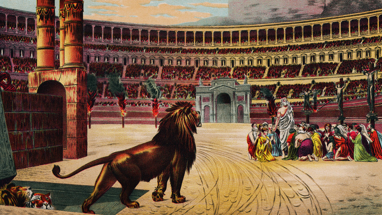 A lion prepares to attack victims in Rome's colosseum