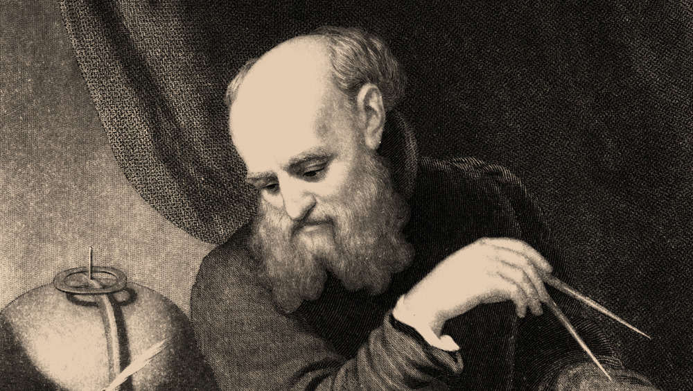 illustration of Galileo Galilei looking down