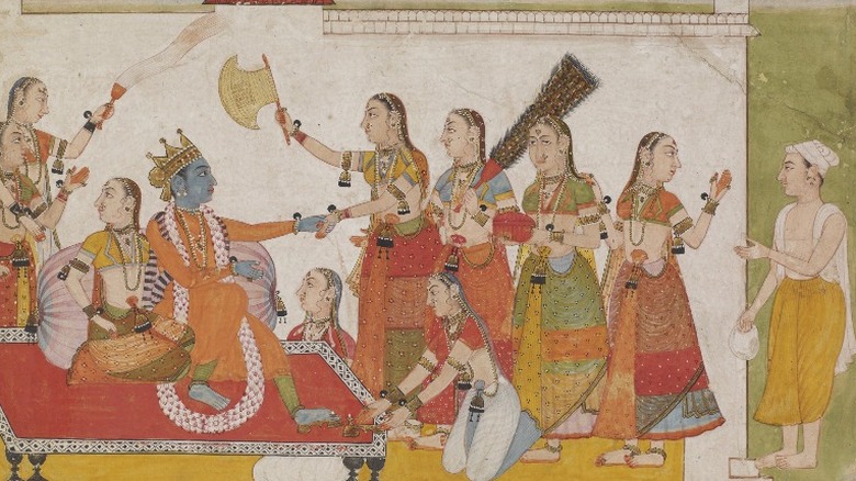 Krishna welcoming Sudama with attendants