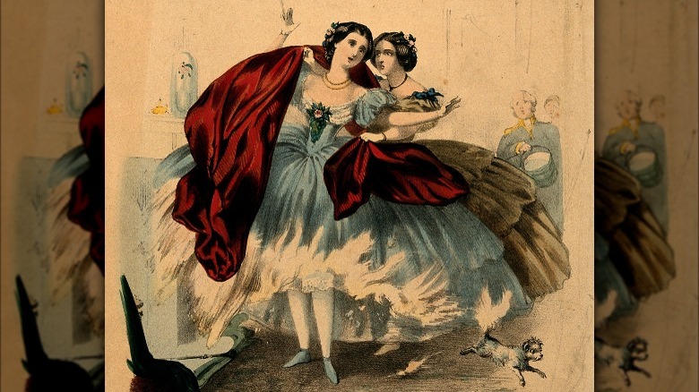 Women wearing crinolines set on fire