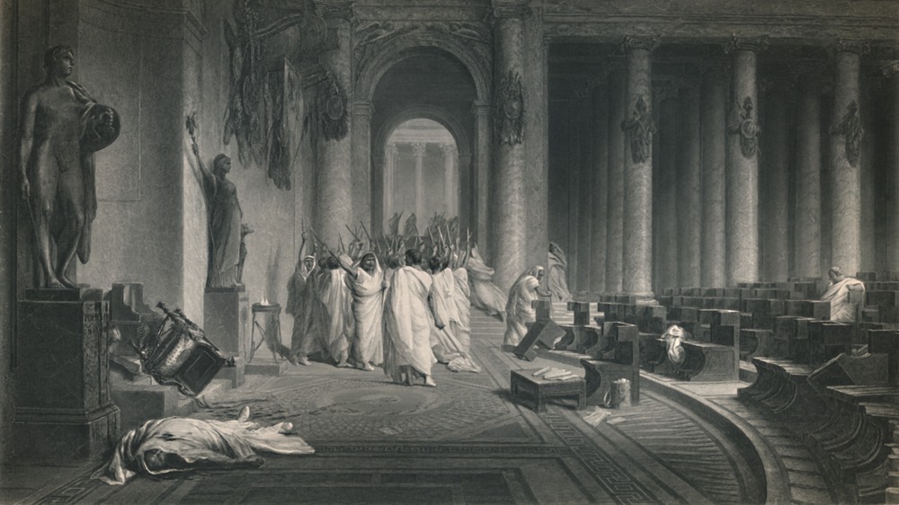 Engraving of the body of murdered Caesar at the feet of Pompey