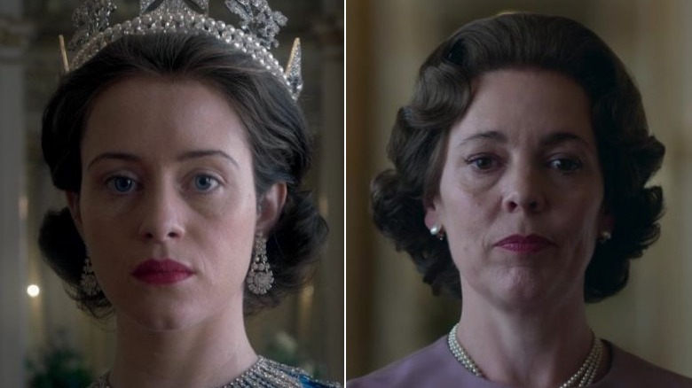 Claire Foy and Olivia Colman as Elizabeth II stare down the camera