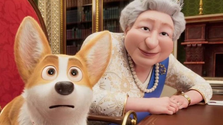 Corgi Rex and Elizabeth II look up in "The Queen's Corgi"