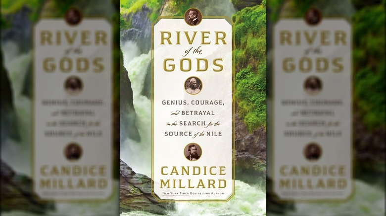 Cover of River of the Gods with cameo portaits of main characters and lush waterfall in background