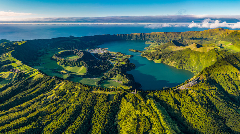 Azores island aerial wooded peaks sea