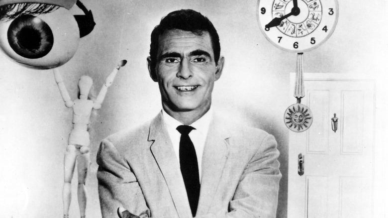 Rod Serling posing with "Twilight Zone" iconography