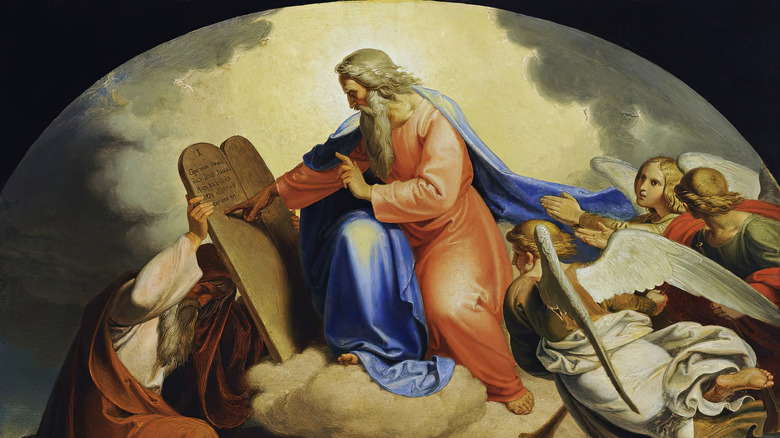 Painting of Moses receiving Ten Commandments tablets from God