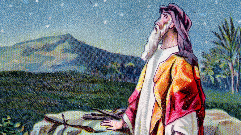 Illustration of Abraham listening to God in outdoor landscape