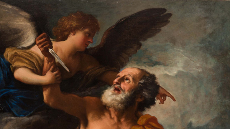 Painting of angel stopping Abraham from sacrificing Isaac